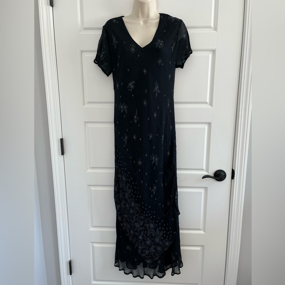 Vintage CDC Black Floral Maxi Dress Beaded Chiffon Dark Fairycore 10 Romantic